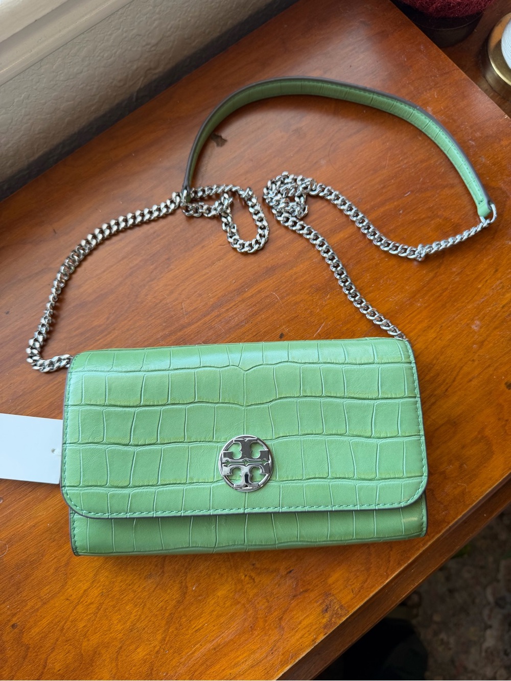 Tory Burch Willa Embossed Chain Wallet Palm Green NWT
